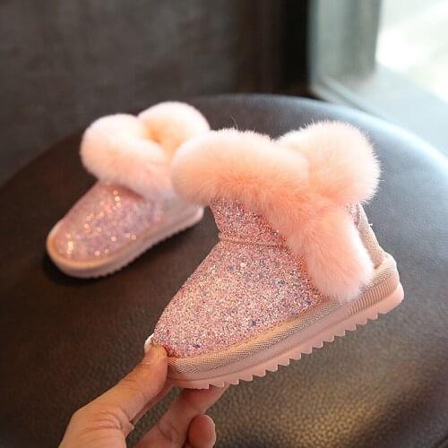 2020 Childrens snow boots girls rabbit fur boots baby cotton shoes sequins genuine leather boots