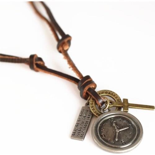 Brown Vintage Genuine Leather Sweater Chain Cowboy Long Punk Alloy Hoops Cross Clock Pendant Men Necklace Women Homme Jewelry