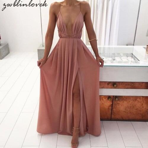 Summer Women Sexy Deep V-neck Sleeveless Spaghetti Strap Split Long Dresses Elegant Party Solid Empire Floor-Length Dress 2C0022