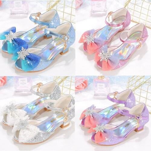 Girls Summer Sandals Children Snowflake Bow Princess Shoes Kids High-heeled School Shoes Girls Party Wedding Shoes 7-16 Years