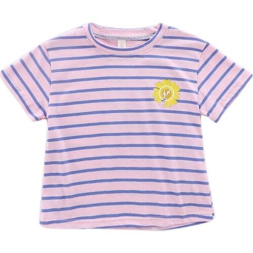 Summer Children T-shirt Round Collar Kids Girls Boy Stripe Printing Comfortable Short Sleeves Fashion Flowers Decorative