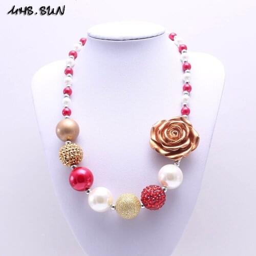 MHS.SUN Christmas Style Girls Flower Chunky Beads Necklace Child Kids Chunky Bubblegum Necklace Handmade Party Jewelry Gifts