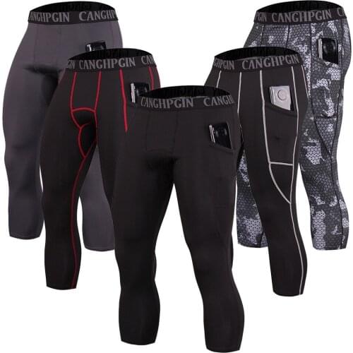 Mens Compression Pants with Pocket Quick Dry Sportswear Running Tights Men Legging Fitness Training Sport Gym Cropped Trousers