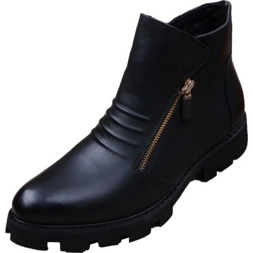 Autumn and Winter New Fashion Pointed Leather Boots Mens British Thick Sole Short Boots Warm Locomotive Boots High Waist Boots