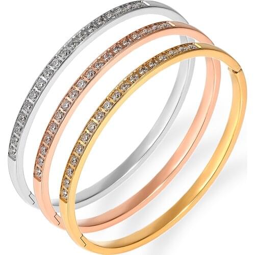 New Gold Color Statement Bangles for Women Fashion Crystal Bangles Steel Wedding Cuff Bracelet Jewelry Bijoux Gift