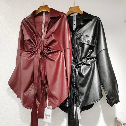 Autumn new fashion loose waist mid-length lace-up retro pu leather jacket women cool motorcycle outwear