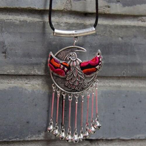 Hot sell new - Wholesale -hot >> Handcrafted bell tassel embroidery ethnic Miao silver necklace pendant