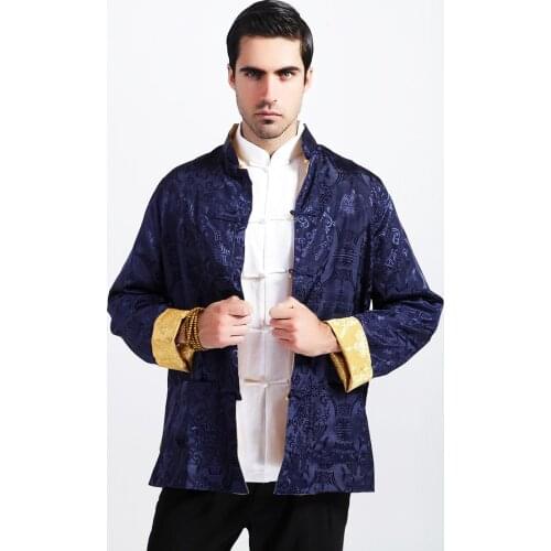 Blue Gold Chinese Man Reversible Coat Silk Satin Jacket Male Tang Suit Two Sided Overcoat Size M L XL XXL XXXL