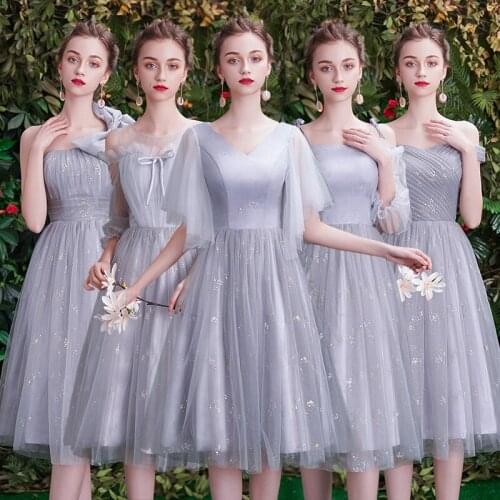 Bridesmaids Dress Illusion A-Line Strapless Knee-Length Lace Off The Shoulder Tulle Sequined Pleat Women Wedding Party Gown E308