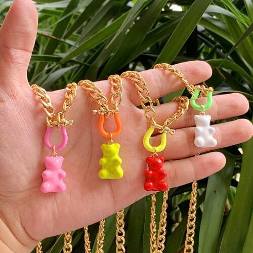 Rainbow Enamel Hooves buckle Mini Bear Shape Pndant Gold Plated Copper Cuban Chain Necklace Bulk Jewelry Wholesale