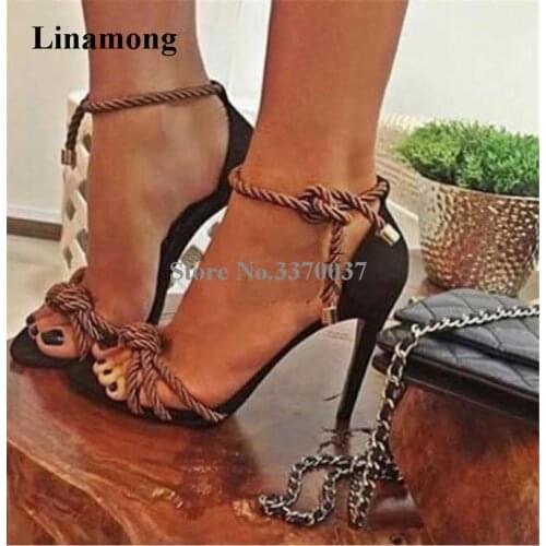 Women Summer New Fashion Rope Design Knotted Gladiator Sandals Ankle Strap Thin Heel Lace-up High Heel Sandals