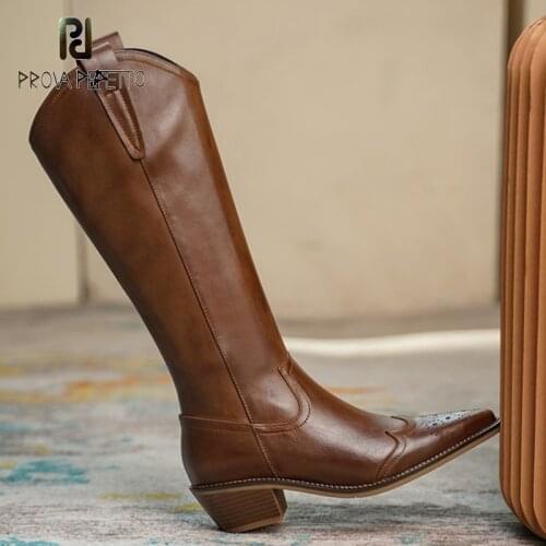 Retro Western Boots Autumn and Winter New Style Rubbed Leather Pointed Thick Mid-heel Side Zipper Hollow Knee High Boots