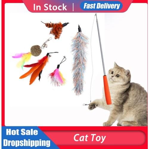 Telescopic Cat Feather Toy Colored Fishing Rod Exercise Funny Interactive With Replacement Head Cat Stick Stick Wand Supplies