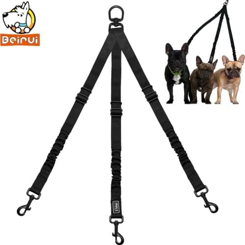 Bungee 3 Way Dog Leash Coupler No Tangle Nylon Adjustable Walking Strap Multiple Pet Three Dogs Leads Black Small Large Dogs