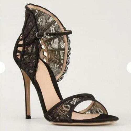 Fashion Sexy One-line Buckle Lace High Heels Sandals Ankle Strap Black Mesh Open Toe Gladiator Sandalias Thin Heel Pumps Shoes