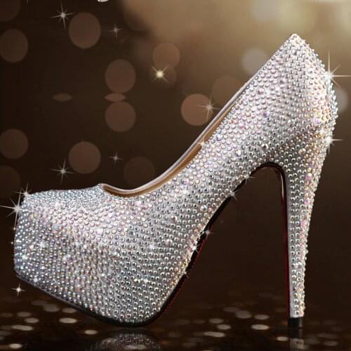 Bling Women Pumps Silver Rhinestone Wedding Ultra High Heels Crystal Platform Party Shoes Plus Size 35-42