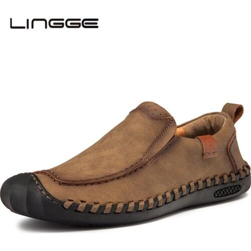 LINGGE Brand Split Leather Shoes Mens Casual Shoes Men Loafers Spring Breathable Men Slip On Shoes Autumn Mens Flats Shoes