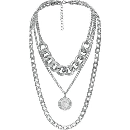 Vintage Silver Multi Layer Sweater Chain Necklace Chunky Cuban Link Chain With Round Pendant Alloy Allergy Free