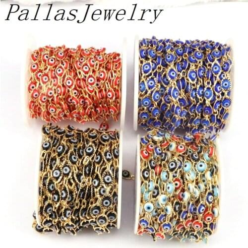High Quality 5 Meters Rainbow Oval Eyes Beads Necklace Chains, Plated Gold Copper Wrapped Round Enamel Beads Rosary Chains