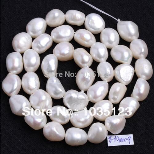 High Quality 8-9mm Natural White Freshwater Cultured Pearl Freeform Shape Loose Beads Strand 14" W209
