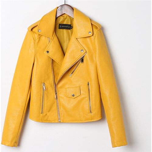 Women Pu Leather Jacket Lady Chic Fashion Bright Color Black Motor Coats Female Plus Size Short Faux Leather Biker Zipper Tops