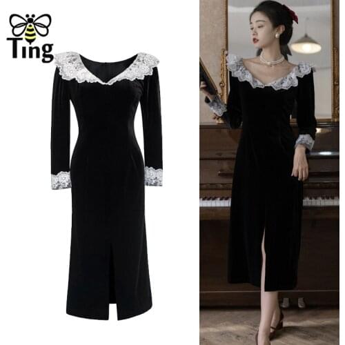 Tingfly Vintage Elegant Lace Patchwork Women Black Velvet Dress Sexy Split Winter Autumn Clubwear Night Dresses Robes Traf Za