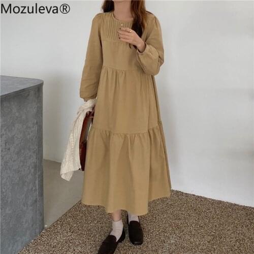 Mozuleva 2021 Women Autumn Dresses Solid Multi Colors High Waist Casual Puff Sleeve Pockets Loose Fold Long Dress White Dress