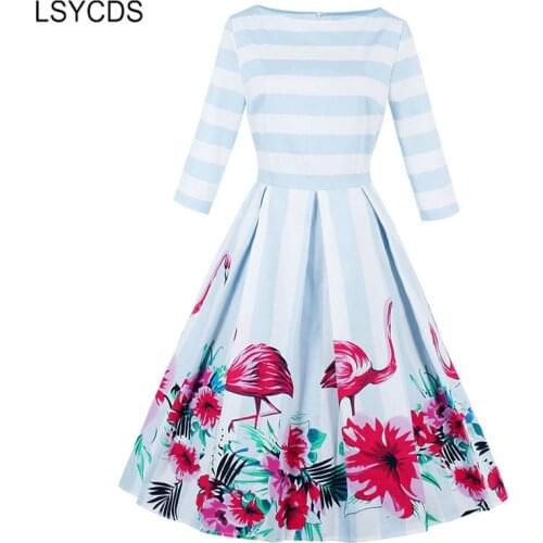 2020 Flamingo Print Dress for Women O-Neck Big Swing Female Dress Work Casual Party Vintage Dresses Elegant A-line Vestido