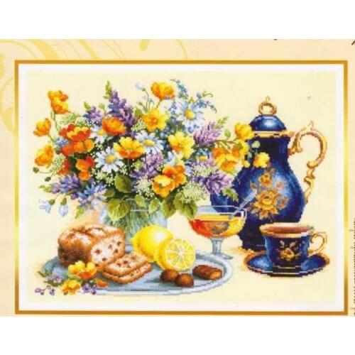 120-021 - flower tea dessert 48-39Cross Stitch Set DIY Kit Embroidery Needlework Craft Packages Cotton Fabric Floss