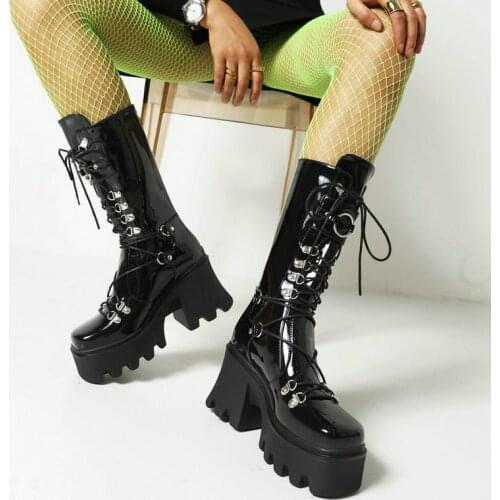 Four Seasons Lady Patent Leather Mid Calf Boots Punk Style Belt Buckle Motorcycle Boots Female Cross Tied Platform Womens Shoes