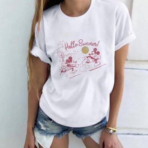 Disney Hello Summer Cartoon T shirt Women Graphic Print T-shirt Harajuku Casual Tshirt Ladies Top Dropship