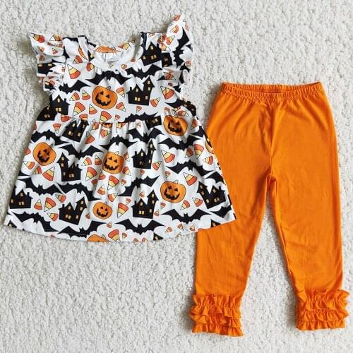 Hot Sale Kids Designer Clothes Girls Pumpkin Romper Outfits Halloween Toddler Girls Boutique Clothes Sets Fashion Baby Rompers