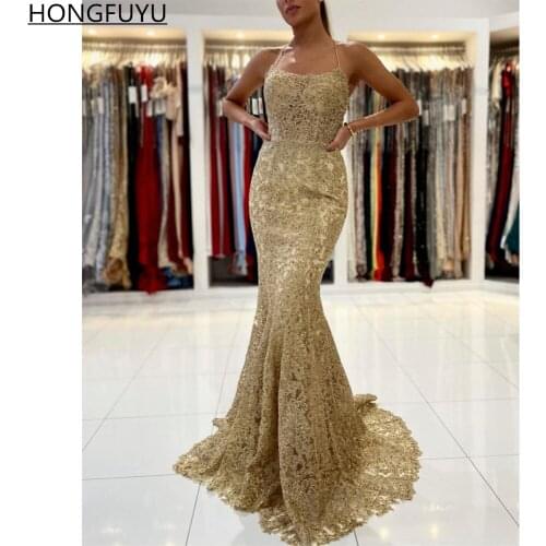 HONGFUYU 2021 Mermaid Gold Lace Evening Dresses vestidos de fiesta Backless Sexy Prom Party Dress Long платье robes de soirée