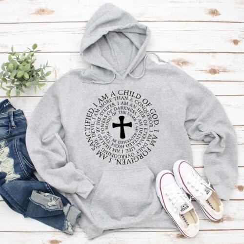 I Am A Child Of God Cross Print Hoody Scripture Women Faith Bible Verse Pullovers Catholic Christian Church Hoodies