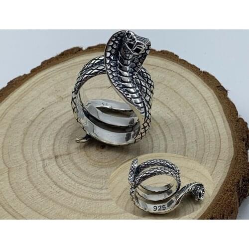 S925 Sterling Silver Retro Exaggerated Spirit Snake Ring Personality Punk Wind Snake-Shaped Nightclub Ring Adjustable Jewelry