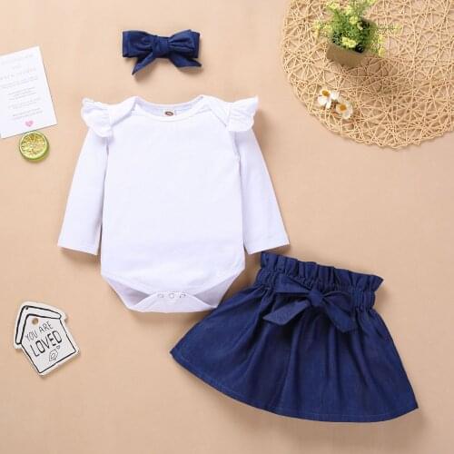 Childrens Toddler Costumes Baby Girls Solid Long Sleeve Pure Color Frill Romper + Bow Puffy Skirt + Hair Tie Set Clothes