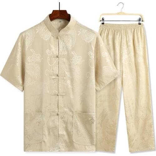 New Beige Chinese Mens Tang Suit Sets Short Sleeve Long Pants Dragon Kung Fu Suit Satin Silk Wu Shu Tai Chi Sets Plus Size 4XL