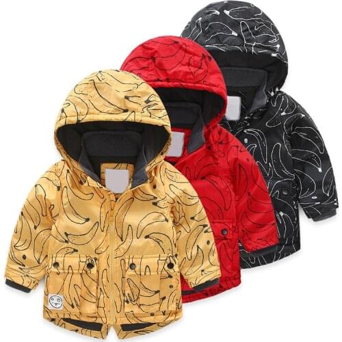 Baby Boys Girls Hooded Jacket Cartoon Banana Printed Coat Winter Kids Windbreaker Plus Thicken Fleece Velvet Outerwear Clothes
