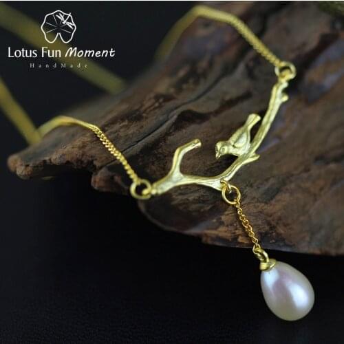 Lotus Fun Moment Real 925 Sterling Silver Natural Pearl Handmade Fashion Jewelry Novelty Bird Necklace with Pendant for Women