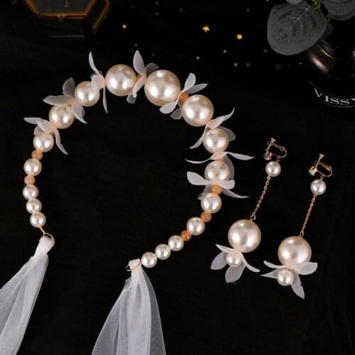 Bride Pearl Flower Crown Long Yarn Earring Set Wedding Dress Photo Photography Accessories Handmade Headdress Wedding Hairbands