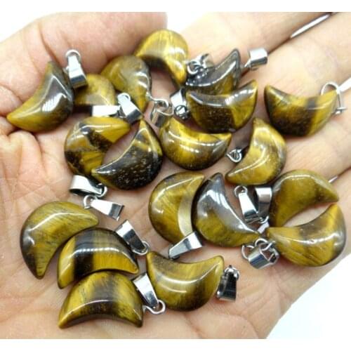 Natural Stone Quartz Crystal tiger eye Turquoises Opal Charms Moon Pendants For diy Jewelry Making necklace Accessories12pcs