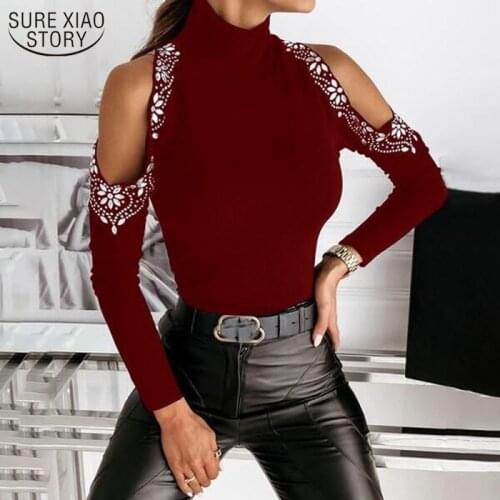 2021 New Fashion Sexy Solid Color Womens Sweater Off-shoulder Beading Sweater Women Sexy Womens Turtleneck 12588