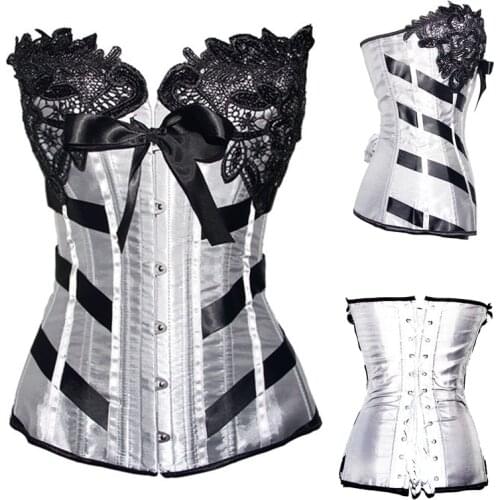 New Black&white Sexy Women Strapless Satin lace up Corset Bustier Lace Top Overbust lace top corset