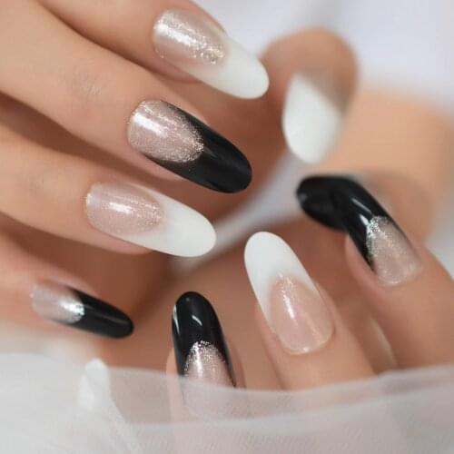 Oval Gel Fake Nails Designs Medium Almond Duckbill Shape Press On Nail Tips Long Black Milky Mixed-Color False Nail Art Set