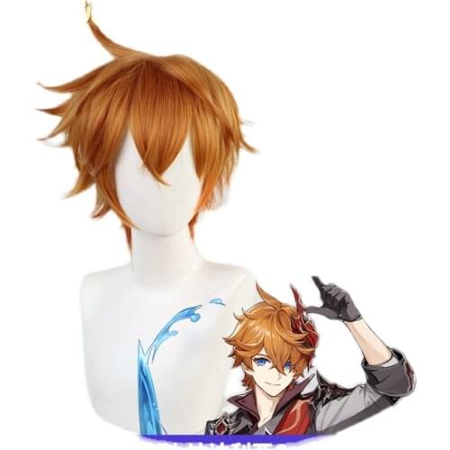 Genshin Impact Tartaglia Wig Cosplay Childe Short Gradual Golden Brown Heat Resistant Hair Halloween Role Play + Free Wig Cap