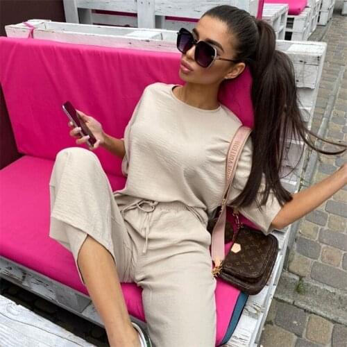 Sexy Fashion Khaki Womens Set Summer Casual Two Piece Set Short Sleeve Tops Shirt And Loose Beach Pants Set Bottom Suit Outfits