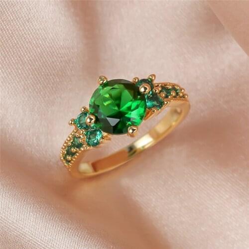 Luxury Female Green Round Crystal Ring Charm Gold Color Wedding Rings For Women Promise Zircon Stone Engagement Ring