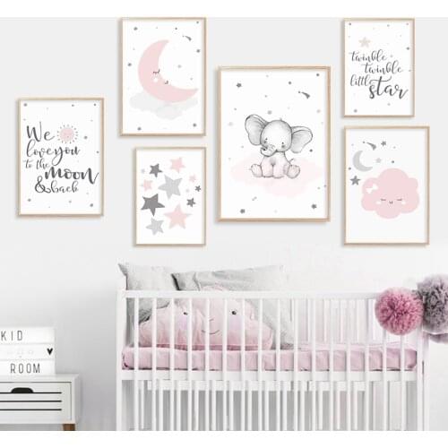 Pink Moon Clouds Stars Cute Baby Elephant Love Nursery Wall Art Canvas Painting Poster Picture Kid Bedroom Home Decor No Frame