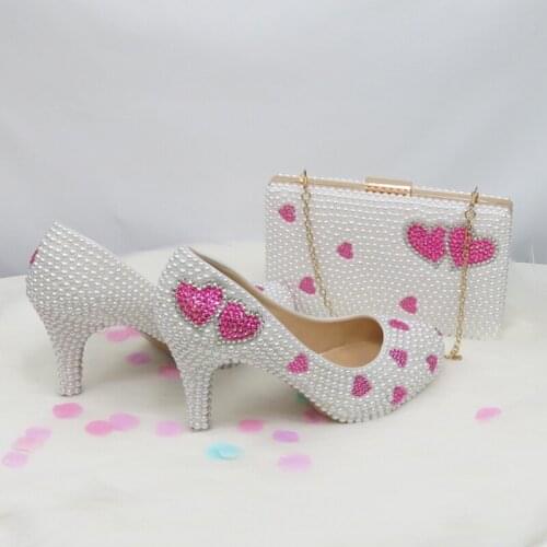 LoveinCrystal Party Dress Bag Shoes Girl Platform High Heels Women ‘s White Pearl Wedding Shoes Female Plus Size Lovers Heart