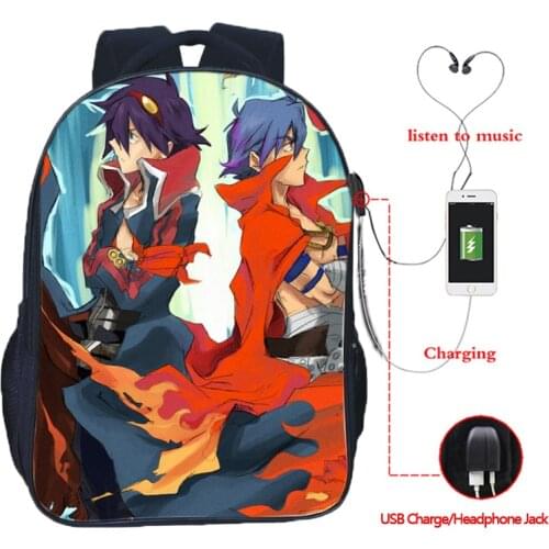 High Quality Simon Tengen Toppa Gurren Lagann USB Charging School Bag Students Backpacks Casual School Backpack